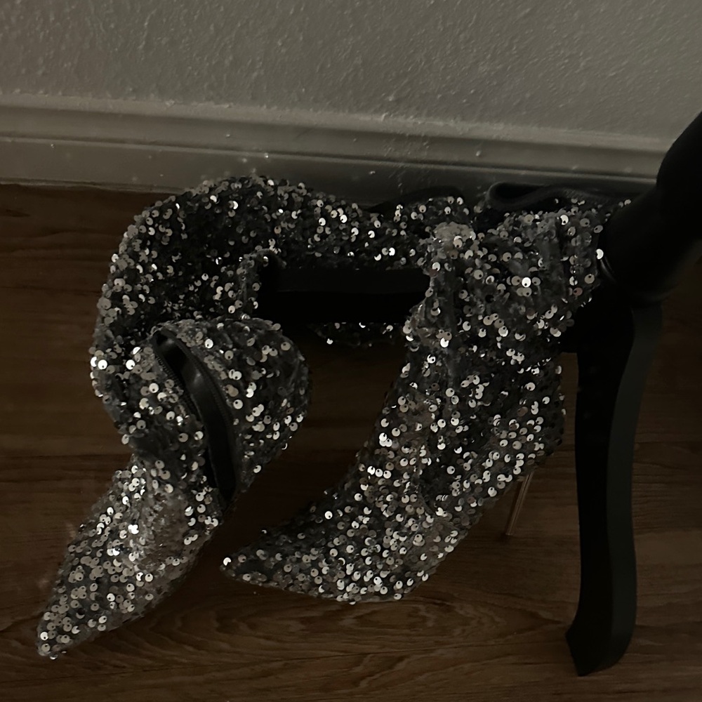 Aqua Silver Sequin Heeled Boots